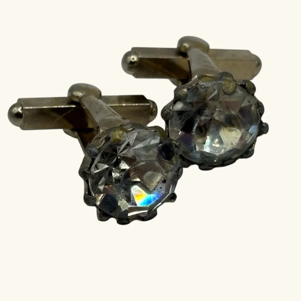 Vintage Cufflinks Large Faceted Crystal Prong Set Gold Tone Formal Suit‎ READ